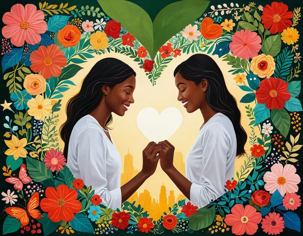 A heart-shaped collage showcasing diverse couples in romantic settings, intertwined with floral motifs. Soft golden light illuminating joyful moments like hand-holding, shared laughter, and tender gazes. A subtle backdrop of a vibrant community with lush greenery, symbolizing connection and love. Incorporate elements like love letters, hearts, and twinkling stars to enhance the romantic atmosphere. painting. vibrant colors.