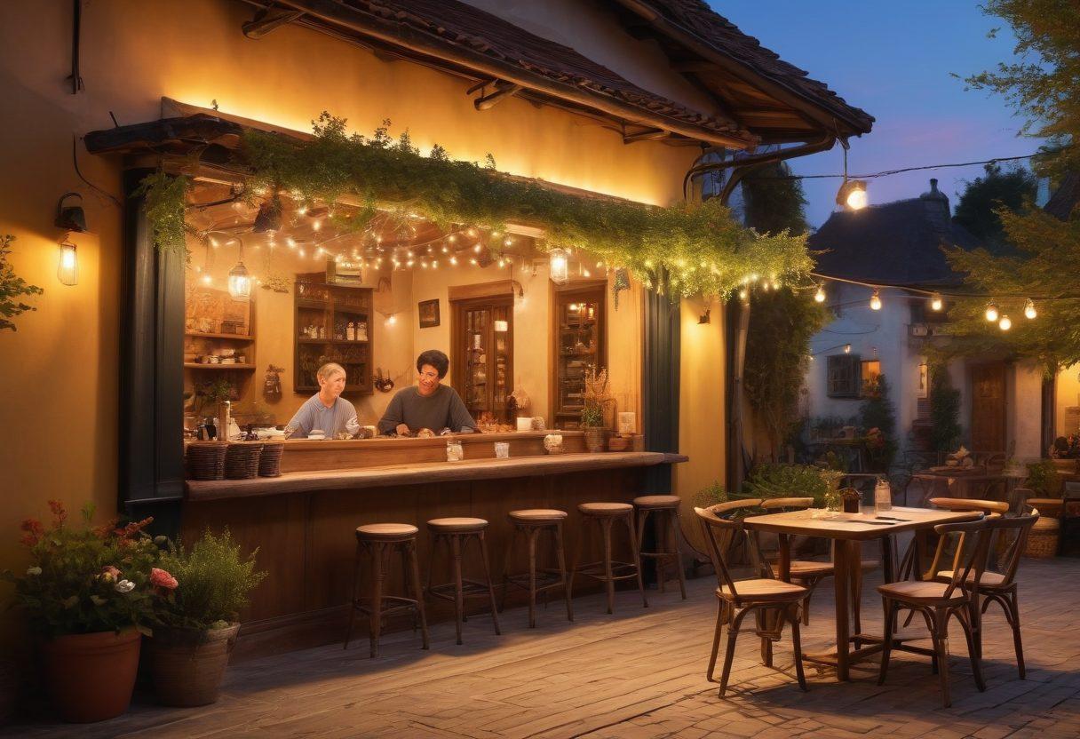 A picturesque and intimate café setting with a couple sharing a laugh over coffee, surrounded by soft glowing fairy lights. Delicate floral arrangements adorn the wooden tables, while a warm sunset casts a golden hue over the scene. Incorporate elements of local culture through subtle decor hints in the background. super-realistic. vibrant colors. cozy ambiance.