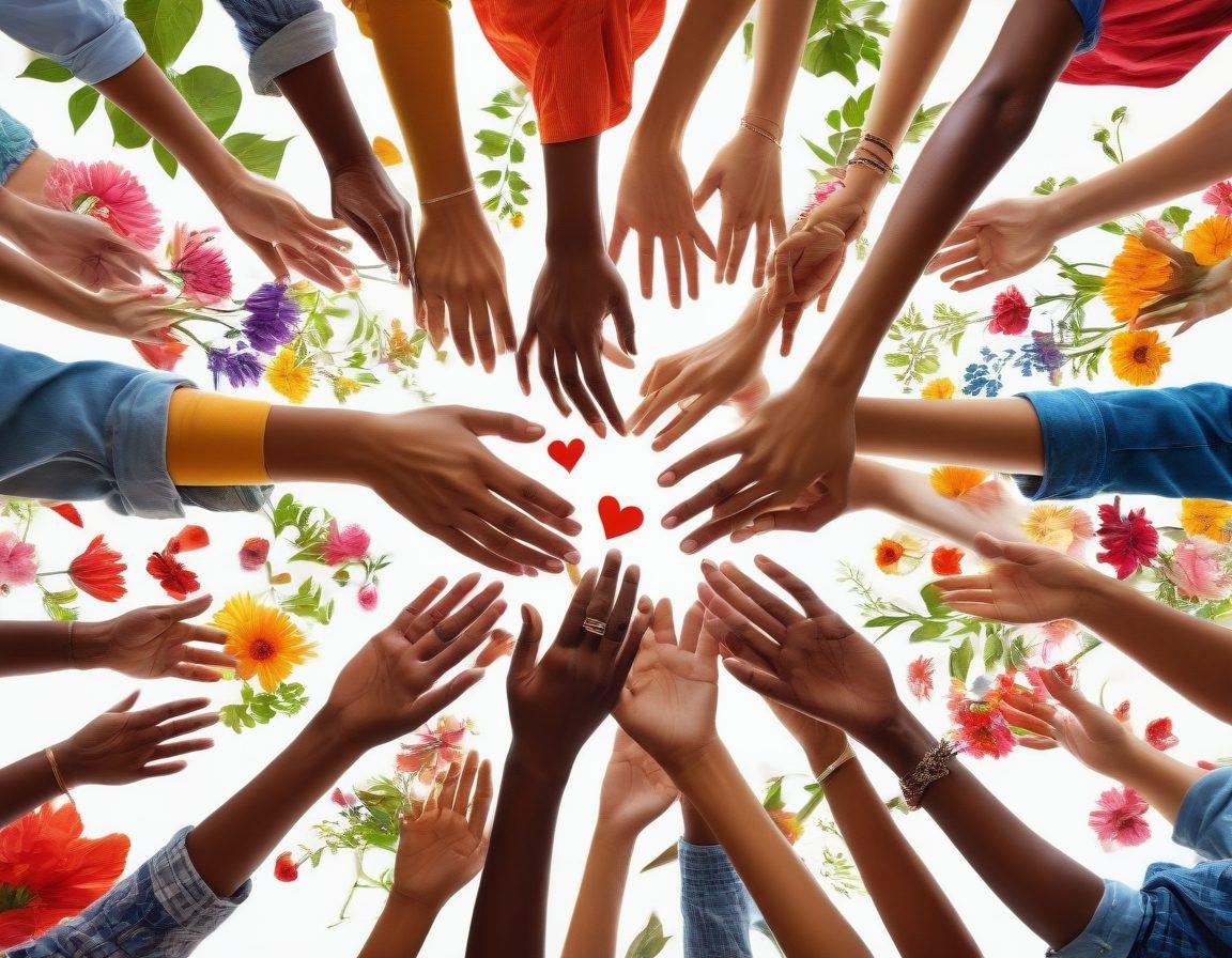 A colorful collage of diverse people sharing moments of joy, such as dancing, cooking together, and participating in outdoor festivals, symbolizing love and community. Elements like hearts, flowers, and intertwined hands to represent connection. A warm, inviting atmosphere with soft lighting to enhance the emotional impact. super-realistic. vibrant colors. white background.